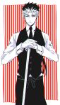  1boy fate/stay_night fate_(series) lancer mop one_eye_closed ponytail sirou69 solo vest waistcoat waiter 