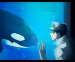  aquarium black_hair hand_on_glass hat jojo_no_kimyou_na_bouken kuujou_joutarou otyaume_1910 whale 
