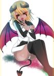  1girl black_nails blonde_hair crossed_arms demon_girl demon_horns demon_tail demon_wings devil fangs hoodie horns komomo_(picturecollapse) lilith_(monster_musume) monster_musume_no_iru_nichijou open_mouth pointy_ears red_sclera simple_background sitting solo tail thigh-highs tongue white_background wings yellow_eyes 