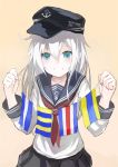  1girl blue_eyes flag hat hibiki_(kantai_collection) k_yukihiko kantai_collection long_hair silver_hair smile uniform 