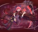  1girl averting_eyes black_legwear boots bow bracelet cape covering_mouth crossed_legs crystal facing_viewer floral_background flower glint hair_bow hiyashinssu jewelry knee_boots over-kneehighs pleated_skirt reclining red_background redhead rose scythe sekibanki short_hair skirt solo thigh-highs touhou 