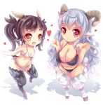  2girls animal_ears bikini black_hair blue_hair breasts dunceneygak fang flat_chest full_body goat_ears goat_girl goat_horns goat_tail heart hooves horns large_breasts long_hair multiple_girls navel original pointy_ears ponytail red_eyes shadow sheep_ears sheep_girl sheep_horns sheep_tail side-tie_bikini simple_background smile swimsuit very_long_hair white_background white_bikini white_swimsuit wool yellow_eyes 