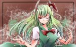  1girl dress ex-keine green_hair horns kamishirasawa_keine long_hair o-k-u one_eye_closed red_eyes ribbon solo touhou 