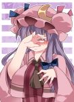  1girl blush breasts commentary_request covering_face crescent hammer_(sunset_beach) hat large_breasts long_hair patchouli_knowledge purple_hair solo touhou upper_body 