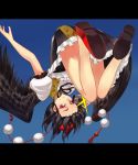  1girl bai_banca black_hair blouse camera camera_flash flying grin hat leaf_print letterboxed looking_at_viewer neck_ribbon pom_pom_(clothes) puffy_sleeves red_eyes ribbon shameimaru_aya shoes short_hair skirt sky smile solo tokin_hat touhou upside-down wings 
