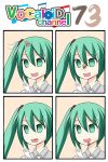  1girl 4koma aqua_eyes aqua_hair catstudioinc_(punepuni) cockroach collared_shirt comic empty_eyes fork hatsune_miku highres insect left-to-right_manga necktie no_pupils open_mouth peter_(miku_plus) silent_comic solo twintails vocaloid 