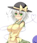  1girl alternate_breast_size blush bow breast_press breasts green_eyes hat hat_bow hat_ribbon heart heart_of_string highres impossible_clothes komeiji_koishi large_breasts looking_at_viewer oppai_loli ribbon short_hair silver_hair simple_background solo third_eye touhou us2s 