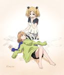  2girls barefoot blonde_hair brown_hair candy dated gradient gradient_background hair_ornament hair_ribbon hairclip hand_on_another&#039;s_head highres hooded_jacket lollipop miyamori_aoi multiple_girls os_(pixiv2025251) ribbon shirobako short_hair short_twintails shorts signature skirt sleeping sleeping_on_person striped striped_legwear thigh-highs twintails yano_erika 