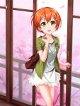  1girl bag bracelet brown_hair cherry_blossoms collarbone dress green_eyes highres hoshizora_rin jacket jewelry light_brown_hair looking_at_viewer love_live!_school_idol_project open_clothes open_jacket petals short_hair short_sleeves shoulder_bag smile solo tree tucana white_dress 