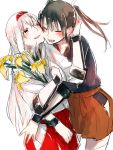  2girls black_hair flower hairband hug japanese_clothes kantai_collection long_hair multiple_girls shoukaku_(kantai_collection) shuu-0208 silver_hair sketch smile twintails wince yuri zuikaku_(kantai_collection) 