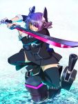  1girl eyepatch fingerless_gloves gloves headgear highres kantai_collection looking_at_viewer machinery magure_(artist) purple_hair short_hair solo squatting sword tenryuu_(kantai_collection) thigh-highs turret weapon yellow_eyes 