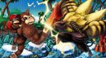  ape banana blonde_hair brown_hair claws clenched_teeth crossover diddy_kong donkey_kong donkey_kong_(series) food fruit fur grin hat highres horns ice monkey monkey_tail monster_hunter no_humans palm_tree punching rajang red_eyes smile tree tropical wyvernsmasher 