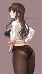  1girl artist_name ass back-seamed_legwear black_panties bow bow_bra bra breasts brown_eyes brown_hair de_ra_u_e_a dress_shirt from_behind hair_bow idolmaster idolmaster_cinderella_girls large_breasts lingerie long_hair looking_at_viewer looking_back no_pants open_clothes open_mouth open_shirt panties panties_under_pantyhose pantyhose pantyhose_pull seamed_legwear see-through shimamura_uzuki shirt side_ponytail signature simple_background smile solo underwear white_shirt 