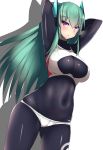  1girl armpits arms_up borrowed_character green_hair long_hair looking_at_viewer simple_background solo souma_(ordures) violet_eyes white_background 