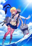  &gt;_&lt; 1girl :3 bai_banca bare_shoulders blonde_hair boots brown_eyes clouds cloudy_sky elbow_gloves full_body gloves hairband highres kantai_collection light_rays long_hair looking_at_viewer midriff miniskirt navel ocean outstretched_hand personification rensouhou-chan sailor_collar school_uniform serafuku shimakaze_(kantai_collection) skirt sky sleeveless standing standing_on_water striped striped_legwear sun thigh-highs turret 