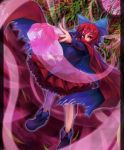 1girl bamboo bamboo_forest bow cape covering_mouth disembodied_head forest hair_bow long_sleeves moon nature red_eyes red_moon redhead sekibanki shirt short_hair skirt solo teko touhou 
