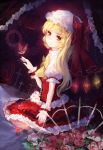  1girl asymmetrical_hair asymmetrical_wings birdcage blonde_hair cage dress flandre_scarlet frilled_dress frills light_smile long_hair looking_at_viewer maccha_(mochancc) puffy_short_sleeves puffy_sleeves red_dress red_eyes short_sleeves side_ponytail sitting touhou wings 