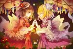  2girls alternate_costume blonde_hair bow brown_eyes brown_hair closed_eyes dress flower frills hair_bow hands_together hat hat_flower highres maribel_hearn moon multiple_girls night ribbon short_hair smile touhou usami_renko vieny 