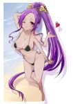  1girl bikini extra_arms heart highleg highleg_bikini highleg_swimsuit kali_(p&amp;d) kiss long_hair one_eye_closed ponytail purple_hair puzzle_&amp;_dragons red_eyes swimsuit takoyaki_kenken 