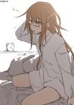  1girl alarm_clock bed blanket brown_eyes brown_hair clock enoshito glasses kantai_collection long_hair long_sleeves mochizuki_(kantai_collection) open_mouth pajamas red-framed_glasses semi-rimless_glasses sitting solo triangle_mouth twitter_username under-rim_glasses 
