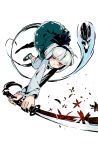  1girl dress green_dress hair_ribbon katana konpaku_youmu konpaku_youmu_(ghost) long_sleeves red_eyes ribbon seeker shirt silver_hair skull slashing solo sword touhou weapon 