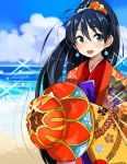  1girl black_hair blue_eyes earrings ganaha_hibiki idolmaster japanese_clothes jewelry kimono long_hair ponytail smile solo sunameri_oishii 