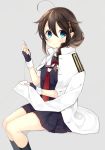  1girl ahoge blue_eyes braid brown_hair fingerless_gloves gloves hair_ornament kantai_collection looking_at_viewer military military_uniform naoto_(tulip) needle remodel_(kantai_collection) sewing sewing_needle shigure_(kantai_collection) single_braid solo tagme uniform 