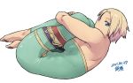  1girl bare_shoulders barefoot blonde_hair blue_eyes breasts dated fetal_position final_fantasy final_fantasy_tactics large_breasts lying monk_(fft) on_side short_hair sideboob solo tsukudani_(coke-buta) unitard 