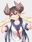  1girl black_hair cheek_pinching clenched_teeth demon_girl demon_horns dream_demon fangs grey_background hair_between_eyes hands hands_on_another&#039;s_wrists horns long_hair original pinching pointy_ears pov_hands red_eyes school_uniform simple_background solo_focus upper_body 