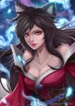  1girl ahri animal_ears bare_shoulders black_hair breasts cleavage fox_ears korean_clothes league_of_legends long_hair looking_at_viewer magion02 signature solo upper_body watermark web_address whisker_markings yellow_eyes 