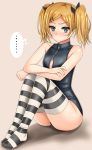 ... 1girl blonde_hair front_zipper_swimsuit grey_eyes hair_ornament hairclip looking_at_viewer marukome01 one-piece_swimsuit shirobako short_hair sitting solo striped striped_legwear swimsuit thigh-highs twintails yano_erika zipper 