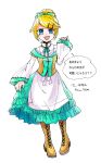  1girl aku_no_musume_(vocaloid) apron blonde_hair blue_eyes blush boots cosplay hair_ornament hair_ribbon hairclip hatsune_miku hatsune_miku_(cosplay) kagamine_rin long_sleeves ponytail ribbon rooomi short_hair solo translated vocaloid wide_sleeves 