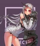  1girl bare_shoulders breasts dress felix_(felix901123) horn kantai_collection large_breasts long_hair looking_at_viewer purple_background red_eyes ribbed_dress seaport_hime shinkaisei-kan short_dress smile solo sweater_dress white_hair 