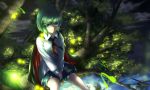  1girl antennae aqua_eyes baggy_shorts cape clouds cloudy_sky fireflies glowing green_hair in_tree long_sleeves looking_at_viewer night pengin_(takeoff425) shirt shorts sitting sitting_in_tree sky smile solo touhou tree v_arms wriggle_nightbug 