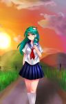  1girl 8810_(tuchinoko0920) alternate_costume arm_behind_back contemporary expressionless frog_hair_ornament grass green_eyes green_hair hair_ornament highres holding_hair kneehighs kochiya_sanae long_hair looking_at_viewer mountain road rural school_uniform serafuku snake_hair_ornament solo sunset telephone_pole touhou white_legwear 