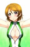  1girl bare_shoulders blush breasts brown_hair front_zipper_swimsuit gradient gradient_background hair_ornament hairclip highres kenken koizumi_hanayo looking_at_viewer love_live!_school_idol_project one-piece_swimsuit pink_eyes short_hair solo swimsuit zipper 