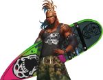  1boy alternate_costume artist_request beard blonde_hair bracelet cedric_(chaos_online) chaos_heroes_online cornrows cowboy_shot cross cross_necklace earrings facial_hair facial_tattoo green_eyes hand_on_hip highres jewelry looking_at_viewer male_focus muscle official_art parted_lips ring simple_background skull solo surfboard tank_top tattoo transparent_background 