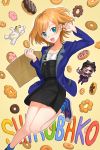  1girl blazer blue_eyes brown_hair doll doughnut envelope highres mimuji_(shirobako) miyamori_aoi pambabam roro_(shirobako) shirobako short_hair stuffed_animal stuffed_toy teddy_bear 