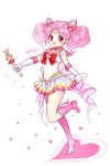  1girl big_hair bishoujo_senshi_sailor_moon boots chibi_usa choker double_bun elbow_gloves full_body gloves hair_ornament hairclip heart holding knee_boots korean miniskirt outstretched_arm pink_boots pink_eyes pink_hair pink_moon_stick pleated_skirt sailor_chibi_moon shainea signature skirt standing_on_one_leg super_sailor_chibi_moon twintails wand 