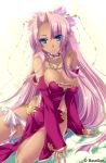  blue_eyes breasts cleavage detached_sleeves dress hair_ornament highres hikage_eiji jewelry koihime_musou long_hair long_nails nail_polish necklace pink_hair ring sitting smile sonsaku very_long_hair 