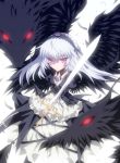  1girl bird_wings black_wings detached_collar dress feathers flower frilled_sleeves frills gothic_lolita lolita_fashion long_hair looking_at_viewer pink_eyes rie_(minori) rose rozen_maiden silver_hair solo suigintou sword tsurime weapon wings 