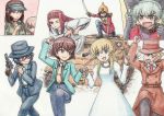  6+girls anchovy announcer aqua_eyes aqua_hair arms_up arsene_lupin_iii arsene_lupin_iii_(cosplay) blonde_hair bow bowler_hat brown_eyes brown_hair caesar_(girls_und_panzer) carpaccio carro_veloce_cv-33 castle_of_cagliostro chasing clarisse_de_cagliostro clarisse_de_cagliostro_(cosplay) collarbone count_lazare_d&#039;cagliostro count_lazare_d&#039;cagliostro_(cosplay) dress erwin_(girls_und_panzer) girls_und_panzer glasses gloves graphite_(medium) green_eyes gun gustav_(cagliostro) gustav_(cagliostro)_(cosplay) hair_bow hakama hat headband helmet holding_hands ishikawa_goemon_xiii ishikawa_goemon_xiii_(cosplay) japanese_clothes jewelry jigen_daisuke jigen_daisuke_(cosplay) katana katyusha kneeling long_hair looking_at_another lupin_iii microphone military military_vehicle multiple_girls necklace necktie nonna omachi_(pixiv) open_mouth oryou_(girls_und_panzer) parody pepperoni_(girls_und_panzer) red_eyes redhead revolver riding riding_crop running saemonza sarashi short_hair simple_background smile studio_ghibli sword tank traditional_media trench_coat twintails vehicle visor_cap watercolor_(medium) weapon white_background white_dress zenigata_kouichi zenigata_kouichi_(cosplay) 