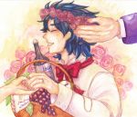  alcohol basket blue_hair bow clock flower flower_wreath food fruit grapes highres hoyujou_hikage jewelry jojo_no_kimyou_na_bouken jonathan_joestar ring wine 