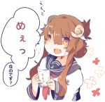  1girl anchor_symbol brown_eyes brown_hair commentary folded_ponytail hair_between_eyes horns inazuma_(kantai_collection) kantai_collection long_hair long_sleeves neckerchief new_year pepekekeko school_uniform serafuku sheep_horns simple_background solo translated white_background year_of_the_ram 