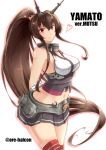  1girl arms_behind_back breasts brown_hair harukon_(halcon) heart highres kantai_collection long_hair mutsu_(kantai_collection) mutsu_(kantai_collection)_(cosplay) navel ponytail red_legwear simple_background skirt solo striped striped_legwear thighs very_long_hair violet_eyes white_background yamato_(kantai_collection) 