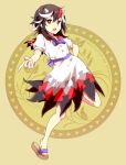  1girl artist_name black_hair bow directional_arrow dress hand_on_head horns kijin_seija looking_at_viewer multicolored_hair okono one_leg_raised open_mouth pointy_ears red_eyes sandals short_hair solo streaked_hair touhou white_dress 