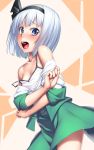  1girl bare_shoulders blue_eyes blush breasts chemise h_kasei hair_ribbon konpaku_youmu looking_at_viewer off_shoulder open_clothes open_mouth open_shirt open_vest puffy_short_sleeves puffy_sleeves ribbon shirt shirt_pull short_sleeves silver_hair skirt skirt_set solo strap_slip touhou undressing vest 