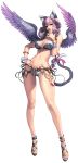  1girl akasha_(chaos_online) animal_ears bangle bikini bracelet breasts cat_ears cat_tail chaos_heroes_online contrapposto fingernails full_body hand_on_hip highres jewelry long_fingernails long_hair looking_at_viewer love_cacao navel o-ring_top official_art parted_lips purple_hair red_eyes sandals simple_background solo swimsuit tail transparent_background wings 