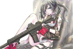  1girl ar-15 assault_rifle black_hair blue_eyes bra breasts bullet cleavage gloves gun knife looking_at_viewer open_mouth original panties red_gloves rifle simple_background sitting tajima_ryoushi tattoo thigh_strap twintails underwear weapon white_background white_bra white_panties 