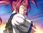 1girl artist_name crossed_arms dragon_ball dragon_ball_z heavens_thunder_(byakuya-part2) i-168_(kantai_collection) kantai_collection muscle parody pink_hair ponytail red_eyes solo style_parody 